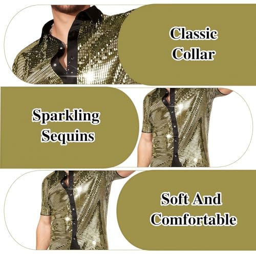 Men's Shiny T-Shirt, Short Sleeve Sequins 70s 80s Disco Fancy Dress Shirt, Vintage Lapel Button Down Sparkly Dancing T-Shirt, Sheer Mesh Button Front Tops for Party Nightclub Christmas Prom Costume - Image 2