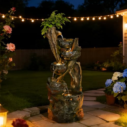 Outdoor Cascading Water Fountain Garden, 43.7'' Resin Tree Trunk &