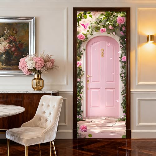 Image of Nuxovilar Pink Rose Door Stickers Peel Stick PVC 30.3x78.7 in Cover | Door Stickers Wall Decals Peel Stick Cover Vinyl Art Poster Bedroom Garden Room Home (Pink Rose)