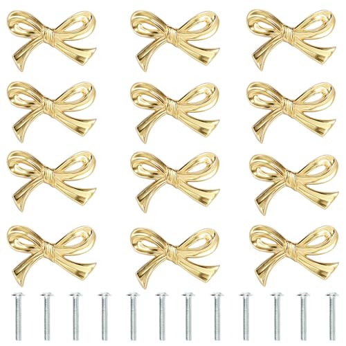 Image of HJJWNDDNG 12Pcs Brass Bow Shape Cabinets Knobs, Gold Knob for Cabinets Drawer Pulls Decorative Bows Knobs Cupboard Pull Handles, Cabinet Hardware Dresser Wardrobe and Drawer Pulls