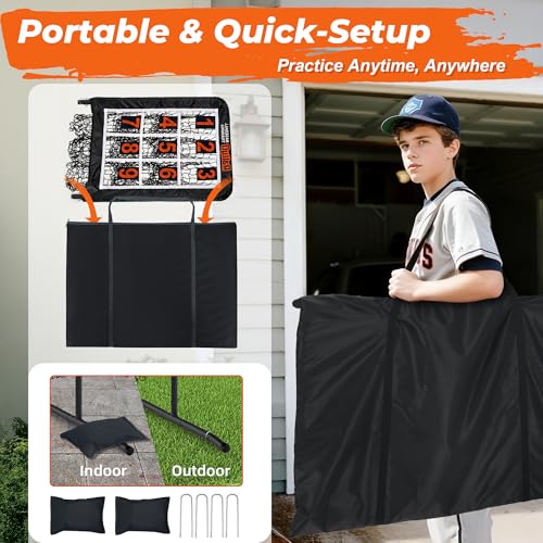 Image of Pitching Net, 9 Hole Baseball & Softball Pitching Net with Strike Zone, Adjustable Pitching Target with 9 Pocket Design, Portable Pitching Practice Equipment