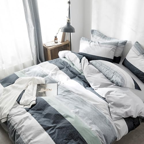 Image of VM VOUGEMARKET Striped Duvet Cover Full,3 Pieces Blue Gray Duvet Cover Sets-100% Cotton Modern Simple Comforter Cover with Zipper for Teens Boys Men-80x90 Inch