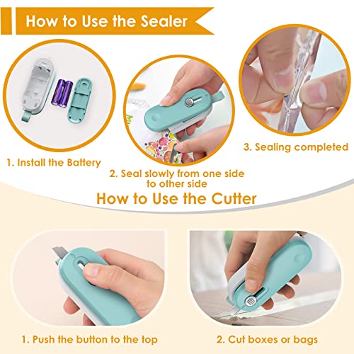 FEPPO Mini Bag Sealer, 2 in 1 Bag Sealer Heat Seal with Cutter and with Lanyard, Mini Bag Resealer Machine for Plastic Bags Snack Bags Food Storage (Batteries Included)