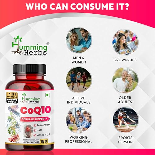 Image of Humming Herbs CoQ10 Supplement 7-in-1 with Resveratrol NAC ALA Magnesium Vitamin K2 (MK-7) & Vitamin D3 - Cellular Energy & Antioxidant Support - 180 Veg Capsules