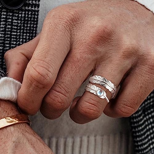 KRFY 925 Sterling Silver Adjustable Rings for Women Girls Wedding Engagement Eternity Moonstone Ring Feather Angel Wings Adjustable Open Thumb Rings for Women Men Silver
