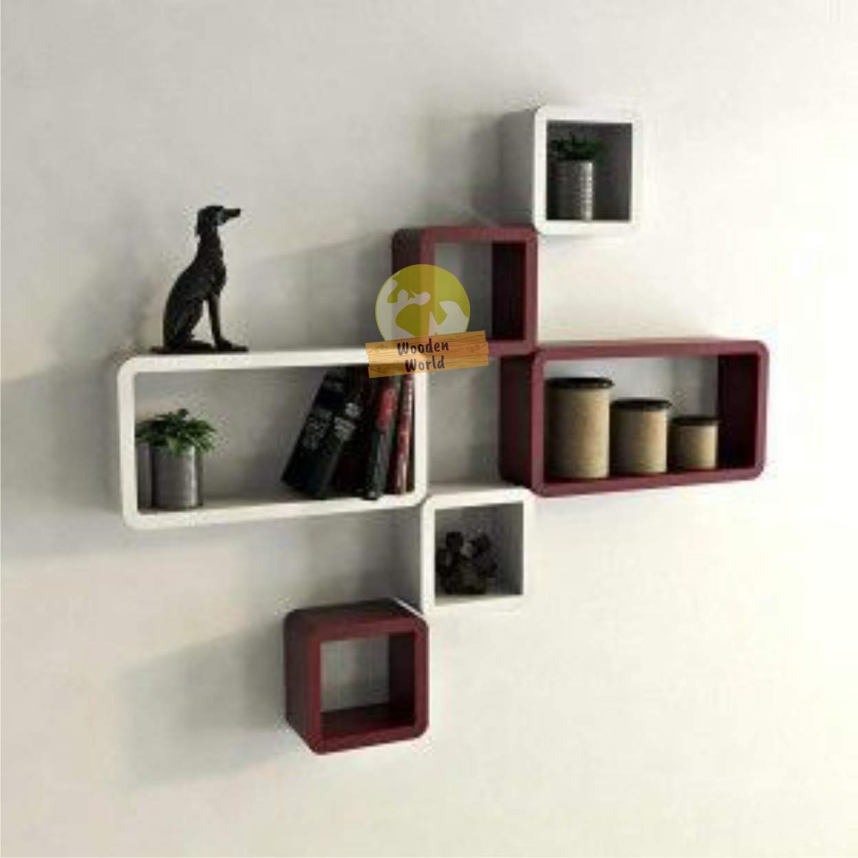 Wooden World Cube Floating, Wall Shelf, for Living Room,Drawing Room. Set of 6 (Brown & White)