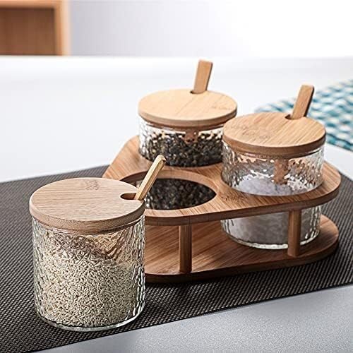Pots d'assaisonnement, boîte à épices, coffret d'assaisonnement en verre, maison, cuisine, salière, stockage de bouteilles, pots à condiments, gadget, poivre, couvercle en bois, cuillère, pots à épice