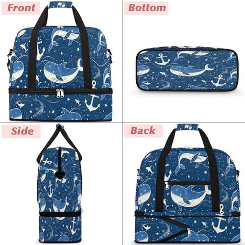 Travel Duffel Bag with Shoe Compartment, Whales Anchors Shoulder Weekender Bags for Women, Foldable Waterproof Travel Bag Carry on Bag3