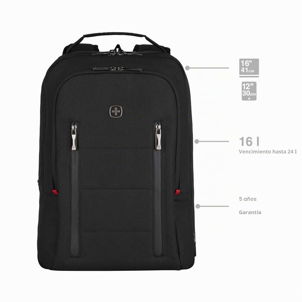 Wenger CityTraveler Mochila para portátil, portátil de hasta 16", tableta de hasta 12", 16 l, mujer hombre, oficina universidad escuela viajes, negro, 606490