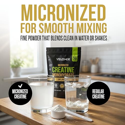 Image of VELOMIX Micronized Creatine Monohydrate Powder - 100% Pure Creatine Powder Unflavored and Easy to Mix | Supports Muscle Growth, Recovery, and Strength | 5000mg Per Serv (5g) - 60 Servings