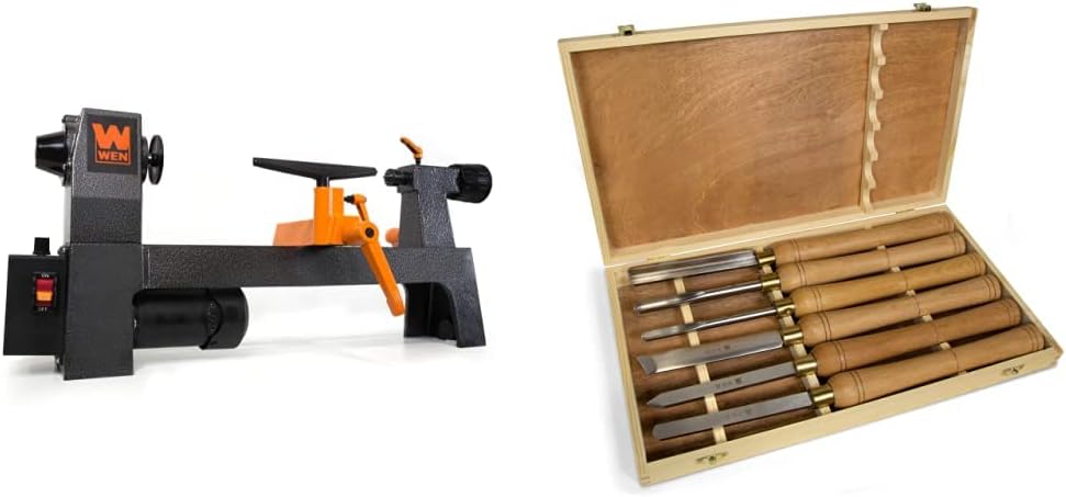 WEN LA3421 3.2-Amp 8-Inch by 13-Inch Variable Speed Mini Benchtop Wood Lathe, Black & CH11 6-Piece Artisan Chisel Set with 6-Inch High-Speed Steel Blades and 10-Inch England Beech Handles