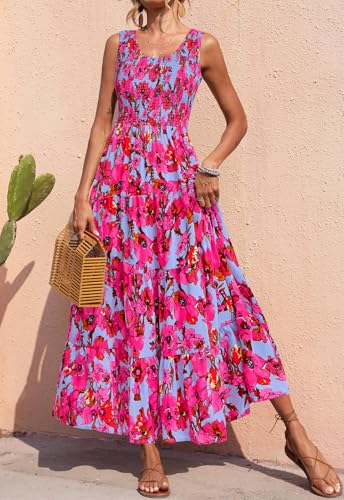 Image of PRETTYGARDEN Smocked Tank Floral Maxi Dresses for Women 2026 Wedding Guest Dress Sleeveless Flowy Long Sundress with Pockets