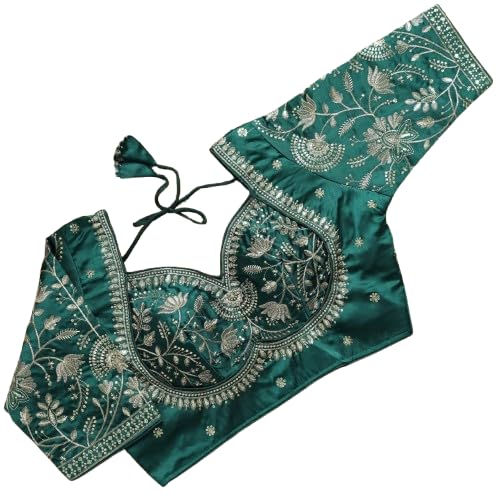 sangam prints Women's Emerald Green Satan Silk Free Size Stitched Blouse with Traditional Embroidery Work-picture-19