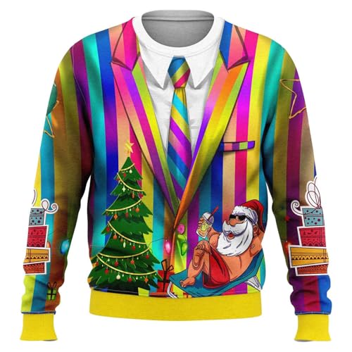WILLBEST Mens Ugly Christmas Sweatshirt Novelty Printed Xmas Jumper Funny Graphic Pullover Long Sleeve Tops Round Neck Sweater Ugly Christmas Jumpers Santa Claus T-Shirt Festival Costume