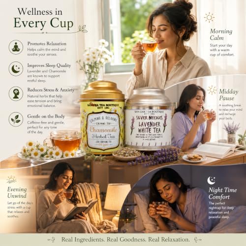 Image of Sancha Tea Boutique, Chamomile Herbal (50g) & Lavender White (25g), Pure Silver Needle Loose Leaves, Calming & Relaxing Floral Tisanes