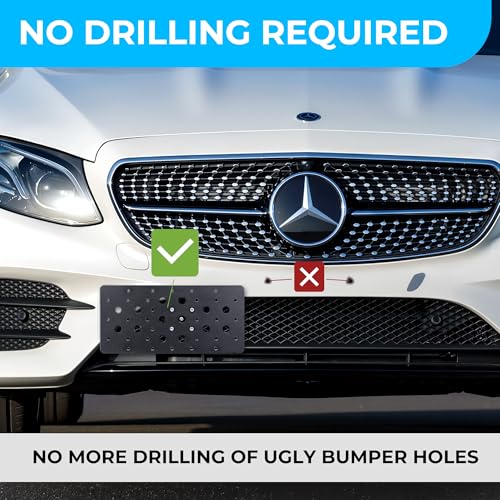Front Bumper Tow Hook License Plate Mount Bracket for Mercedes , Plate Holder Set w Unique Screw Bolts & Black Screw Caps, License Tag Mounting Kit, Quality Plate Holders, Premium Car Accessories