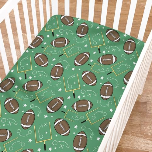 Image of American Football Fitted Baby Crib Sheet for Girl Boy 52"x28" Cute American Football Green Soft Crib Mattress Cover Sports Fall Breathable Stretchy Baby Sheet for Standard Crib and Toddler Mattress