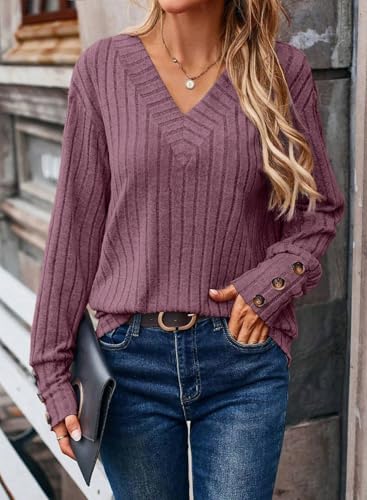 Image of Dokotoo Womens Tops V Neck Lightweight Sweater Fall Long Sleeve Top 2026 | Decorative Buttons, Soft Breathable Knit Material, Pullover Tunic Tops, Business Casual, Fall Outfits, Winter Clothing 2026