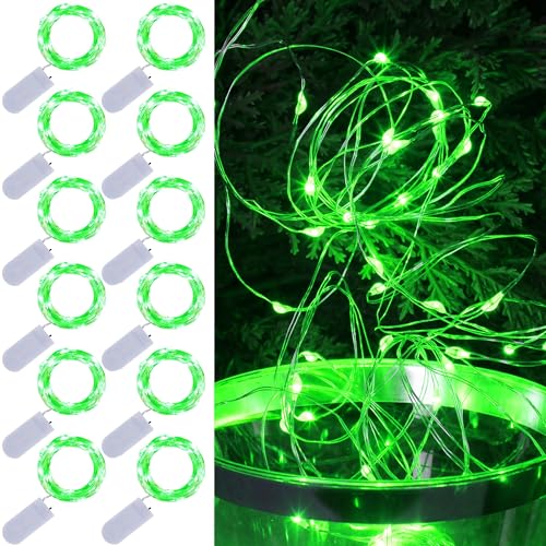 WATERGLIDE 12 Pack St. Patricks Day Fairy Lights Battery Operated (Included) 7 ft 20 LED Mini String Lights Waterproof Silver Wire Firefly Starry Light for DIY Christmas Mason Jars Decor Green