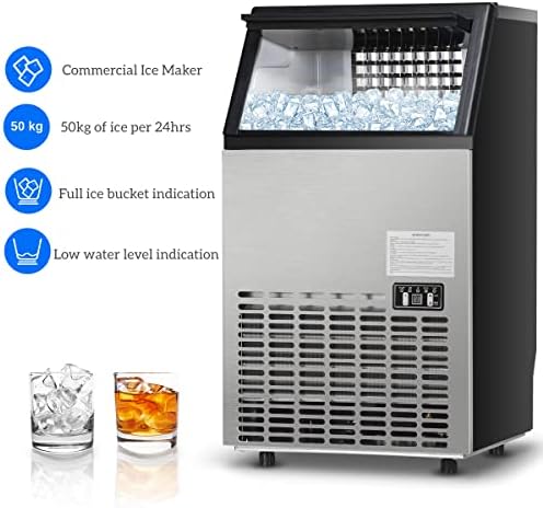 TANGZON Commercial Ice Maker, 220-240V, 50kg/24H, 15kg Storage Capacity, Stainless Steel Self-Cleaning Ice Cube Maker with Digital Control and Ice Scoop, Ice Making Machine for Home Office & Bar