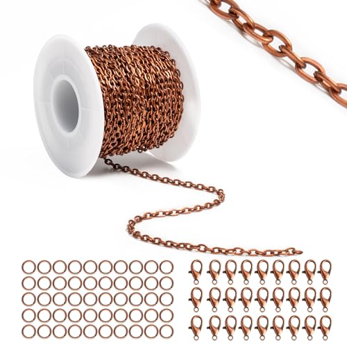 Lemonkey 33 Feet Metal Red Copper Necklace Chains Cable O-Shaped Links Chains Bulk for Jewelry Making DIY Craft Kit with Lobster Clasps Jump Rings