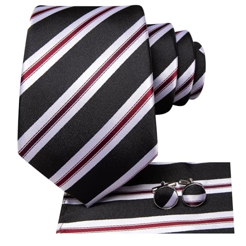 Image of Dubulle Mens Paisley Floral Silk Tie for Men Black Red Striped Necktie and Pocket Square Cufflinks Set Wedding Business