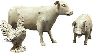 Farm Friends Rustic Farm Animal Figurines Set, 3-Piece Decorative Cow Pig Chicken Sculptures, Antique White