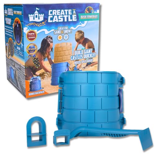 Create A Castle Sandcastle Kit as Seen on Shark Tank, 4 Piece Outdoor Beach Toy Set for Kids and Adults, Towers, Building Tools, Portable Mesh Storage Backpack - Basic Blue