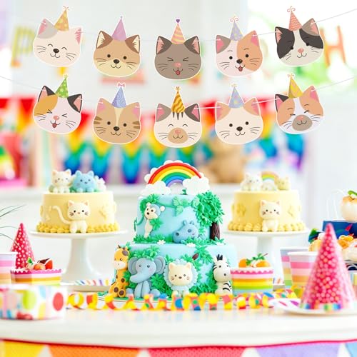 Image of Hooqict Happy Birthday Banner Cat Birthday Decorations Party Banner Garland Sign for Girls Kids 1st 2nd 3rd Funny Cat Themed Birthday Party Decorations Supplies