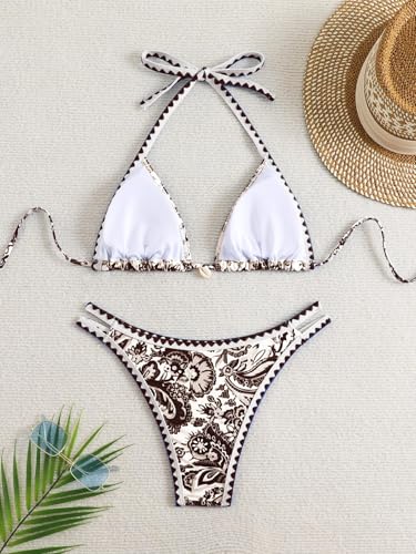 Image of BYFINECANY Women's Floral Printed Bathing Suit Halter Paisley Summer Swimsuit Bikinis Set