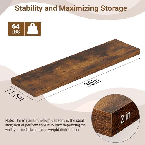 Image of 36 Inch Floating Shelves, 12 Inch Deep Floating Shelves for Wall, Extra Deeper & Thicker Wooden Wall Shelf with Invisible Brackets, Shelf for Bedroom Home Decor(Rustic Brown, Set of 2)