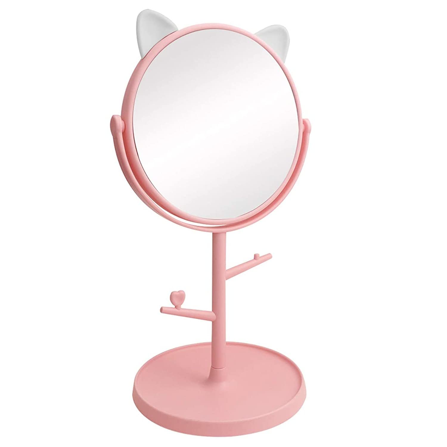 Leeonz Pink 360° Swivel Makeup Mirror, Bathroom Mirror, Shaving Mirror, Round, Tabletop Mounting, Framed (1Pcs) - Glass, 30 x 15 cm-image-0