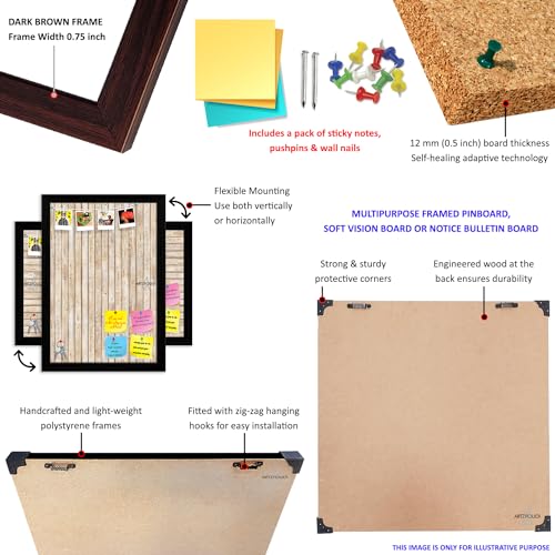 Image of ArtzFolio Wavey | Bulletin Board Notice Pin Board | Vision Soft Board Combo with Thumb Push Pins & Sticky Notes | Dark Brown Frame | 24 x 16 inch (61 x 41 cms)
