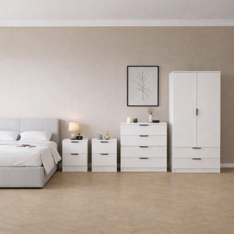 Vida Designs Trega 4 Piece Bedroom Set (2 Drawer Bedside Chest x2, 4 Drawer Chest, 2 Door 2 Drawer Wardrobe) White