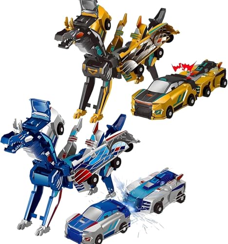 2Pcs Blue Dragon+Yellow Dragon Collision Transforming Dinosaur Car Toy, 2 Magnetic Cars Transform into Dinosaur Toys for Kids Toddler Fun Deformation Robot Dino Car Gift Toys for Boys Girls