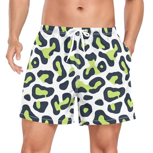 Leopard Print Lime Green and Navy Blue Men Swim Trunks Men 2 Layer Swimming Suit Phone Pocket Lightweight S