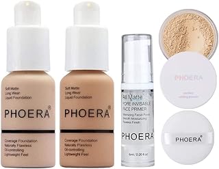 Phoera Foundation Full Coverage Makeup Set - Includes Nude & Buff Beige 30ml Matte Foundation, 6ml Face Primer & Cool Beige Setting Powder for All Day Wear Without Creasing, Caking, or Flashback