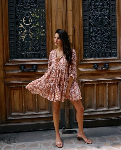Image of Boho Dresses for Women Floral V Neck Puff SLVS Babydoll Short Beach Dress