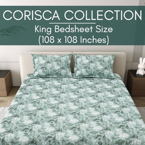 Image of Mafatlal 186 Tc Corsica Cotton Bedsheet King Size | 108 X 108 Inches | Moisture-Wicking Summer Bedding for Breathable Sleeping Comfort | 2 Pillow Covers | Serene Green