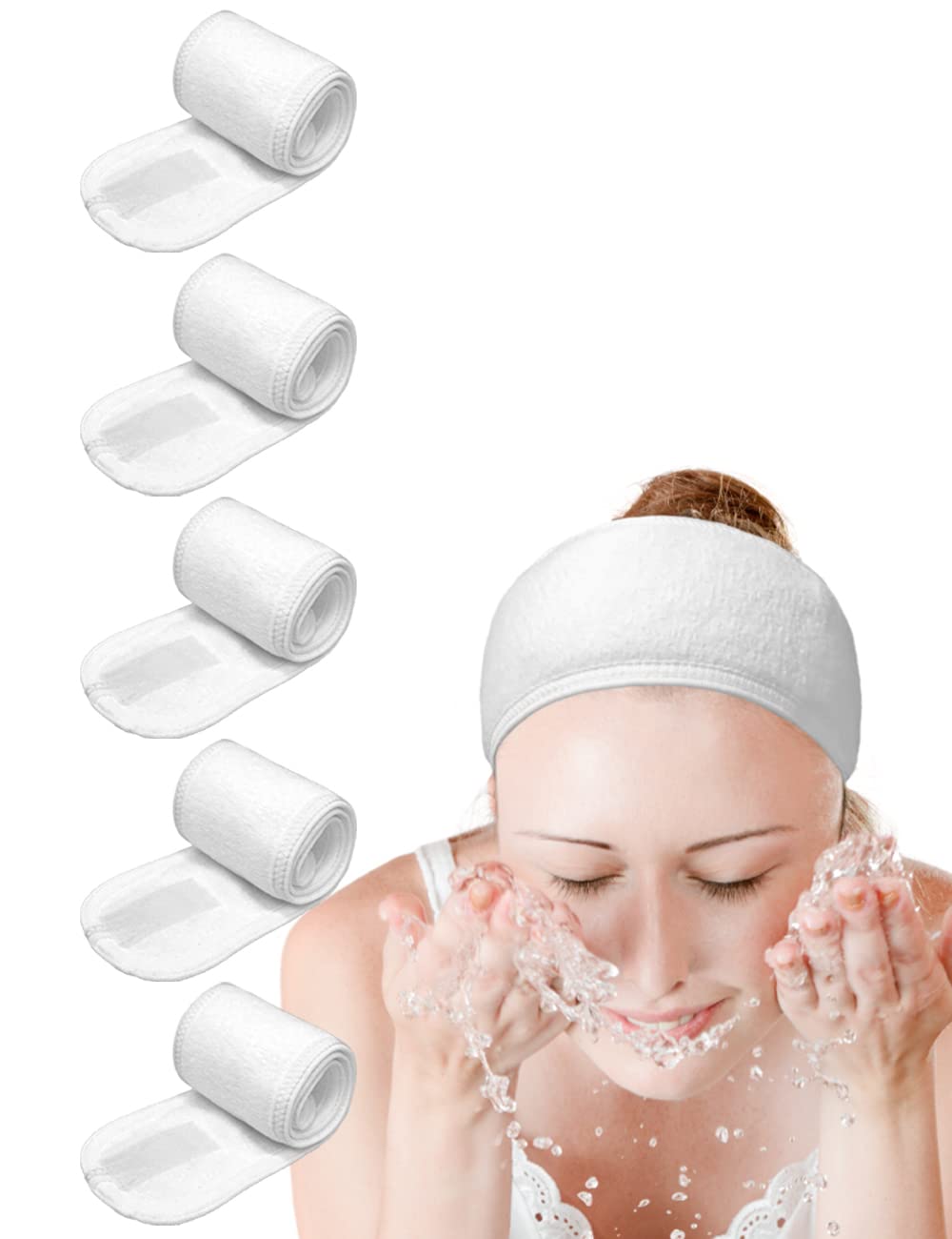 Euicae Unisex White Spa Headband Sweat Towel Wrap Non-Slip Stretchable Washable For Face Wash, Facial Treatment, Sports ( 5Pcs)