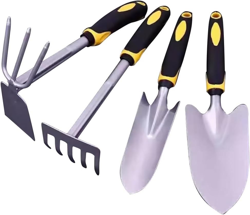 Garden Tools Set, 4 Pack Heavy Duty Gardening Kit, Aluminum Gardening Tools Trowel, Transplanter Hand Rake with Soft Rubberized Non-Slip Handle