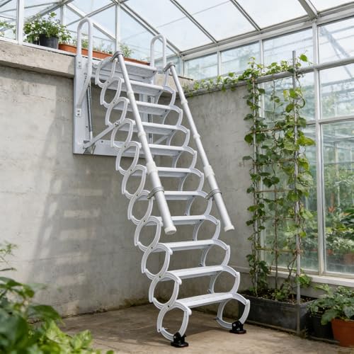 Image of 12 Steps Attic Stairs,Wall Mounted Folding Loft Ladder,Retractable Collapsible Stairs,Extension Steps Ladder with Armrests,Telescoping with Pulldown System (White, Step 12)