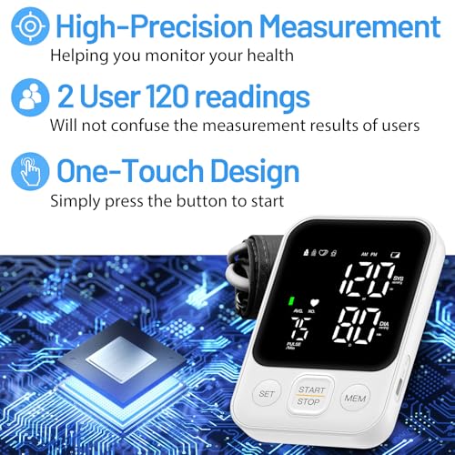 Blood Pressure Monitor Upper Arm Machine Accurate Adjustable BP Cuff Kit Led Backlit Display 2 Users 240 Sets Memory Includes Storage Bag White - Image 3