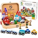 GoBruver Juguete Montessori de Madera 57 Piezas para Niños 3 4 5 6 Años – Bloques de Construcción Ciudad con Tren, Edificios y Señales de Tráfico – Juego Educativo con Maletín