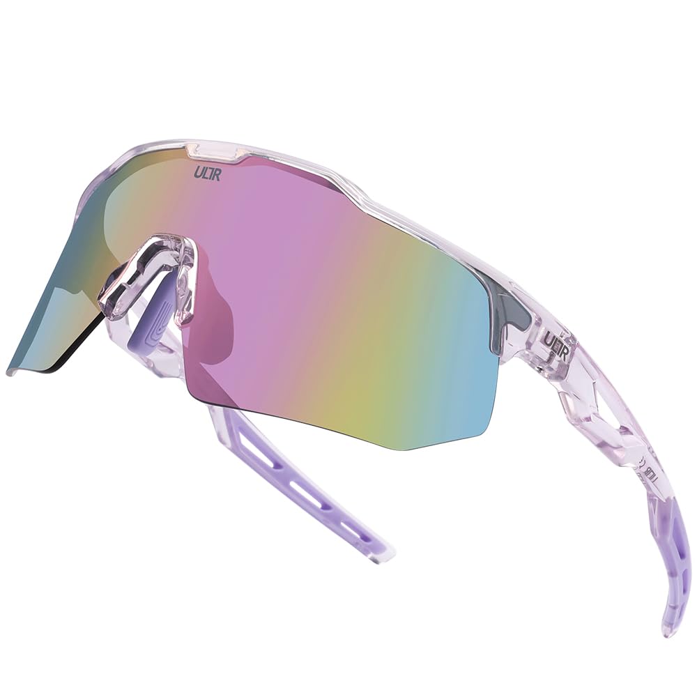 ULTR Sportbrille AERO, Sonnenbrille für Herren & Damen, TR90 Rahmen, für Sport wie Radfahren MTB Sportsonnenbrille Radbrille Sportbrille Fahren Angeln Baseball Laufen (Clear-Purple (Lila Glas))