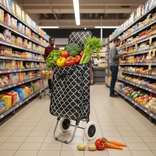 BucketList® Foldable 2-Wheel Shopping Trolley Bag with Large Capacity & Ergonomic Handle | Lightweight Grocery Cart for Vegetables, Supermarket & Travel (Black & White Geometric Print)