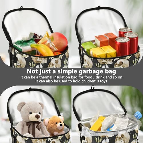 Image of MNSRUU Car Trash Can with Lid, Skull White Flower Car Trash Bag Hanging Organizers and Storage for Front Back Seat, Leak-Proof Trash Bin
