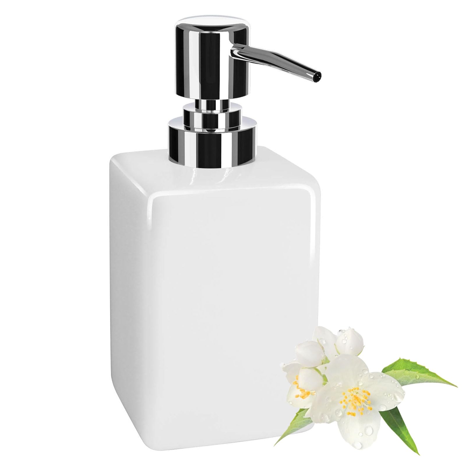 White Ceramic Soap Dispenser, 300ml Square Bathroom Soap Dispenser, Refillable Kitchen Bathroom Liquid Soap Dispenser for Hand Wash
