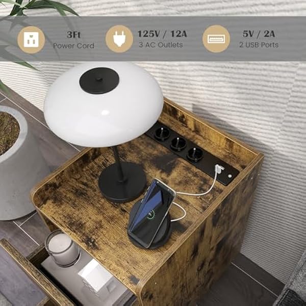 GIANTEX тумбочка с зарядной станцией тумбочка с 2 портами USB и 3 розетками журнальный столик с ящиками комод-тумбочка с металлическими ножками