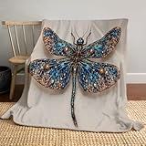 MIATCENRT Decke Aquarell Libelle Kuscheldecke Flauschig, Winterdecke Fleecedecke, 3D Vintage Drucken Reisedecke für Kinder Erwachsene, Sofadecke 180x200cm Bettwaren, Blau-Orange